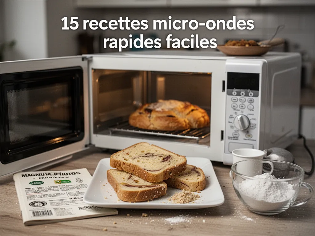 Plats variés sortant du micro-ondes : mug cake, velouté fumant, poisson vapeur, dans une cuisine familiale.