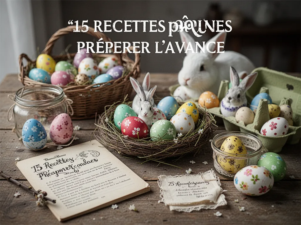 Table de fête de Pâques avec plats préparés à l’avance, terrine, gigot, légumes printaniers et dessert au chocolat