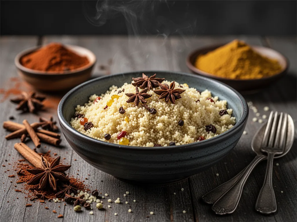 Bol en terre cuite rempli d'un mélange d'épices pour couscous, avec des bâtons de cannelle, du gingembre séché et des graines de cumin autour