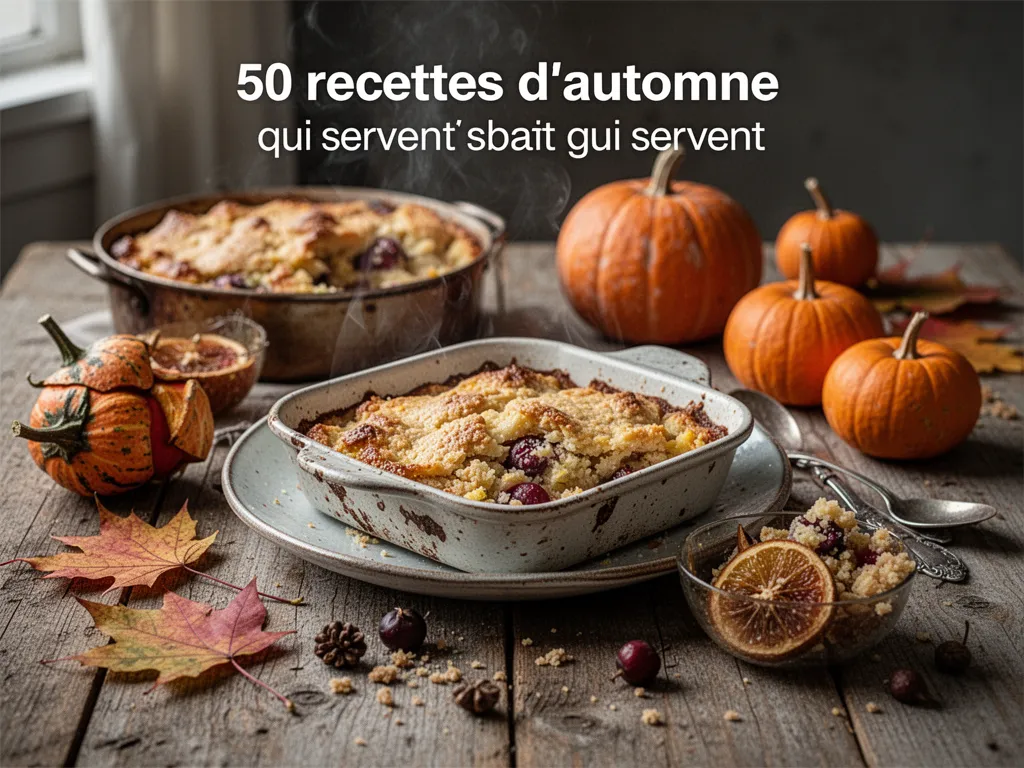 Table d’automne avec soupe de courge, gratin doré, tarte salée aux champignons et gâteau aux pommes