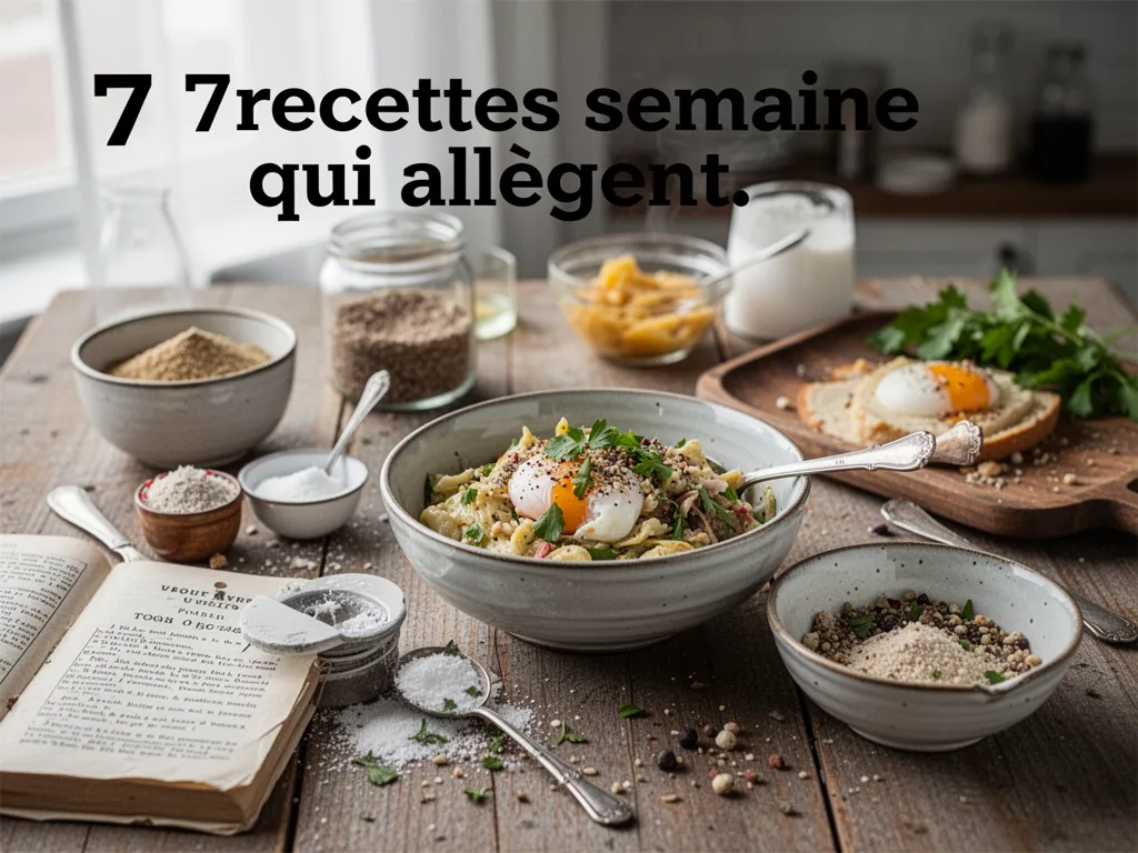 Sept plats du quotidien alignés sur un plan de travail avec légumes, salade, pâtes et poulet rôti