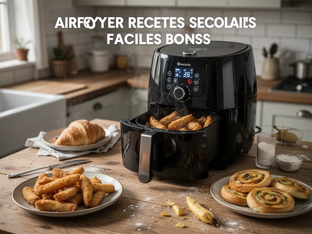 Panier d’airfryer rempli de pommes de terre rôties, morceaux de poulet et légumes dorés sur un plan de travail de cuisine