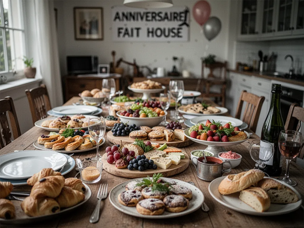 Buffet dînatoire d'anniversaire fait maison avec bouchées salées, cakes tranchés, légumes, pains et desserts au chocolat