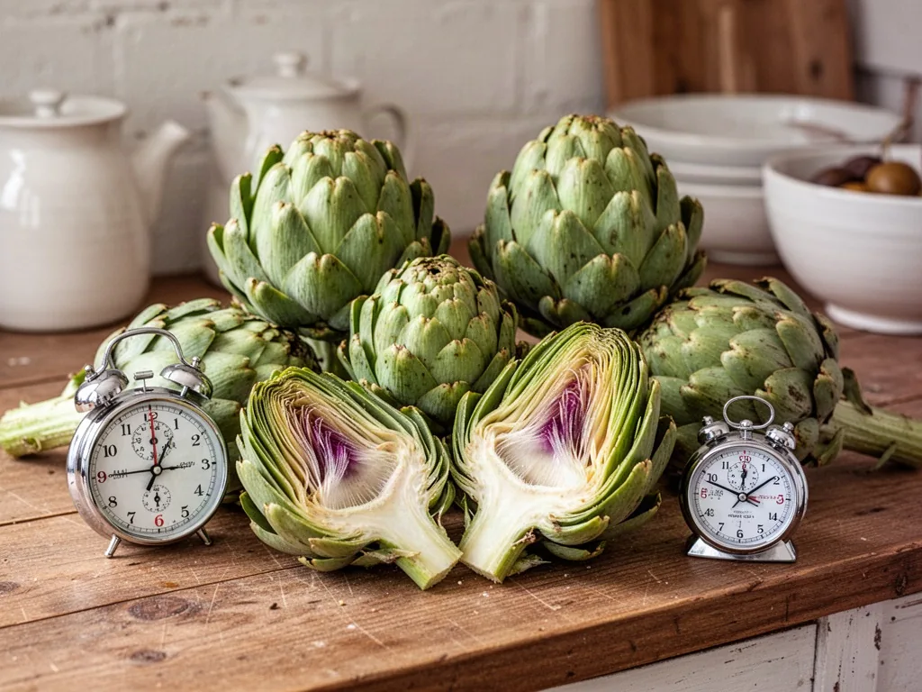 Fresh globe artichokes of two varieties and three sizes on a wooden counter, one artichoke halved showing its choke, a s
