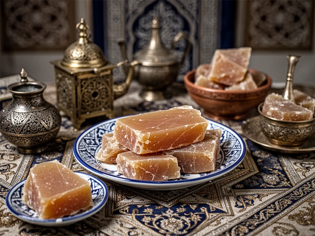 Tranches fines de boutargue posées sur une planche en bois avec quartier de citron et branche de persil