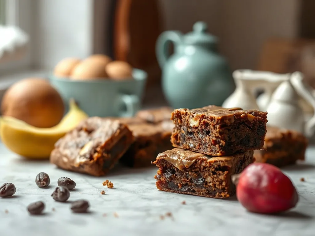 Carrés de brownies à la patate douce sur une assiette, légèrement craquelés, avec un cœur fondant et des éclats de chocolat noir.