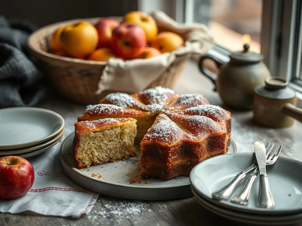 Tranche de cake aux pommes moelleux sur une assiette, avec des morceaux de pommes fondantes visibles et un thé à la menthe à côté