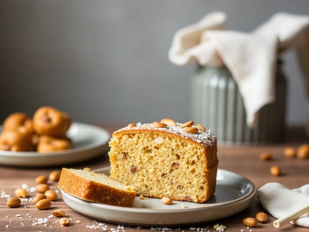 Tranche de cake aux amandes doré, parsemé d'amandes effilées, posé sur une assiette blanche à côté d'une tasse de thé