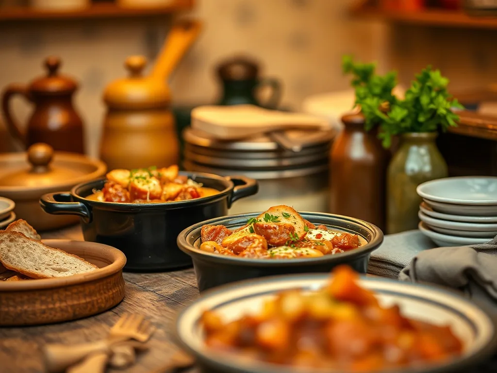 Plat de cassoulet gratiné au four avec une croûte dorée, haricots blancs, morceaux de canard et saucisses, dans un plat en terre cuite