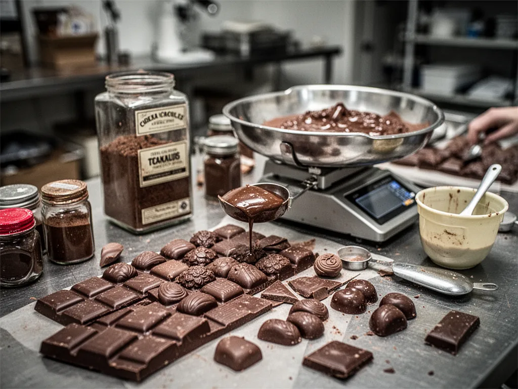 Carrés de chocolat maison fondu brillant posés sur une planche en bois