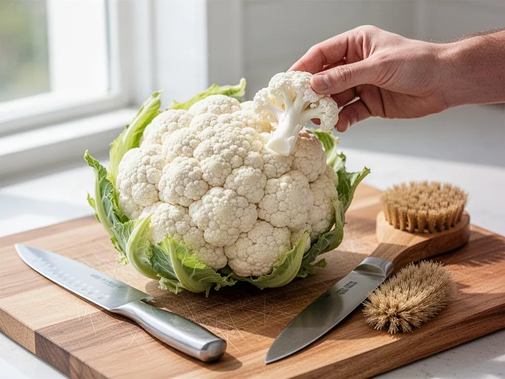 A large cauliflower head on a wooden cutting board, one hand lifting a white floret to inspect it, a chef’s knife and ve