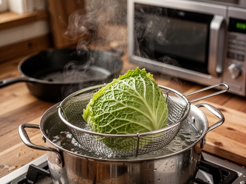 A green cabbage wedge steaming in a metal basket over simmering water, a cast-iron skillet and microwave oven blurred be
