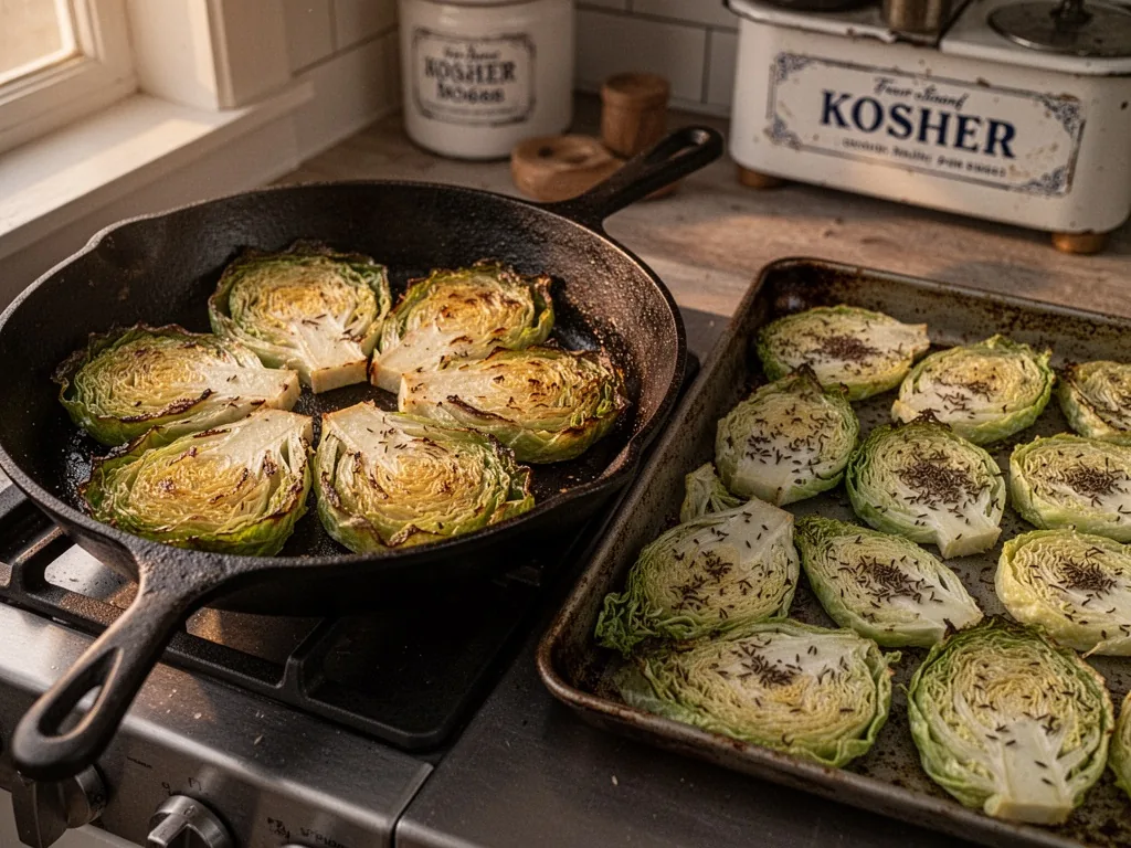 A heavy cast-iron skillet with golden cabbage wedges seared at the edges and a nearby baking tray with roasted cabbage s