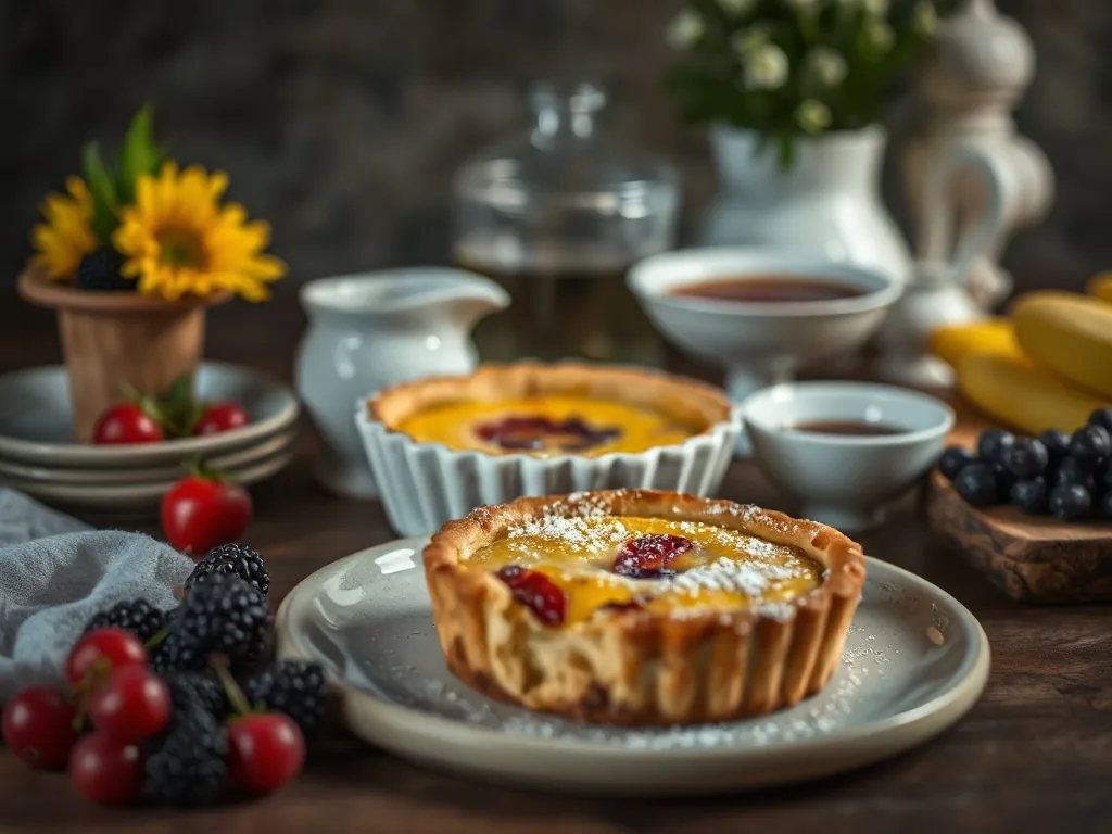 Clafoutis doré dans un plat en céramique, parsemé de cerises noires et saupoudré de sucre glace