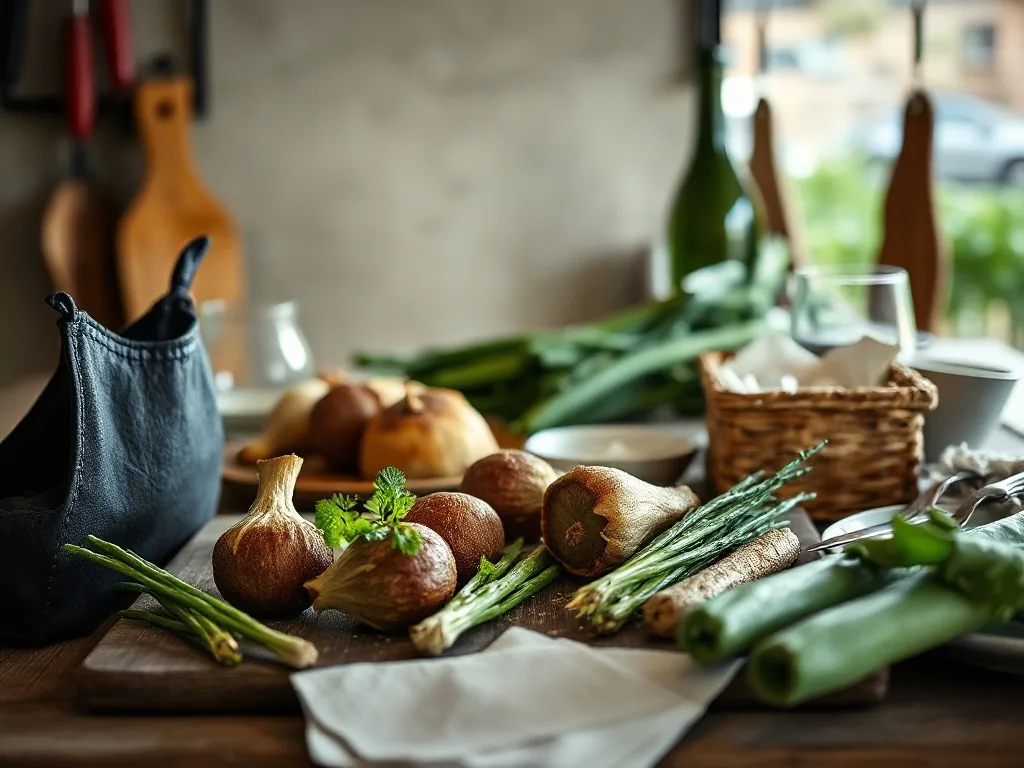Courge bleue de Hongrie entière sur une planche en bois, puis coupée en tranches, avec un bol de velouté orange fumant