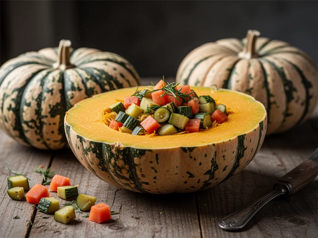 Courge butternut farcie végétarienne, gratinée au fromage, posée sur un plat de service avec des herbes fraîches