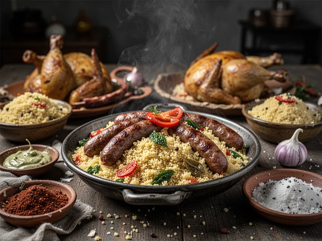 Grand plat de couscous avec semoule, pilons de poulet, merguez grillées, carottes, navets et courgettes