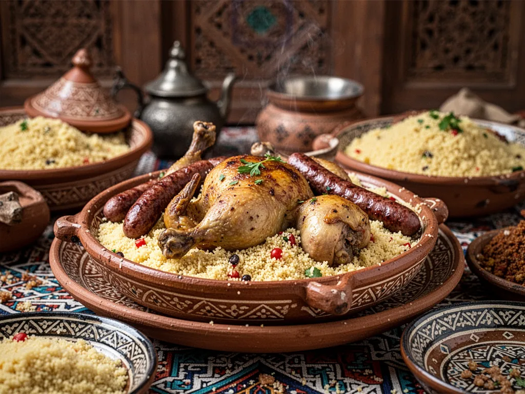 Grand plat de couscous marocain avec semoule, morceaux de poulet, merguez grillées et légumes dans un bouillon