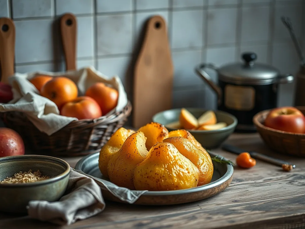 Croustade aux pommes dorée dans un moule en céramique, saupoudrée de sucre glace, avec une part découpée laissant voir les lamelles de pommes fondantes