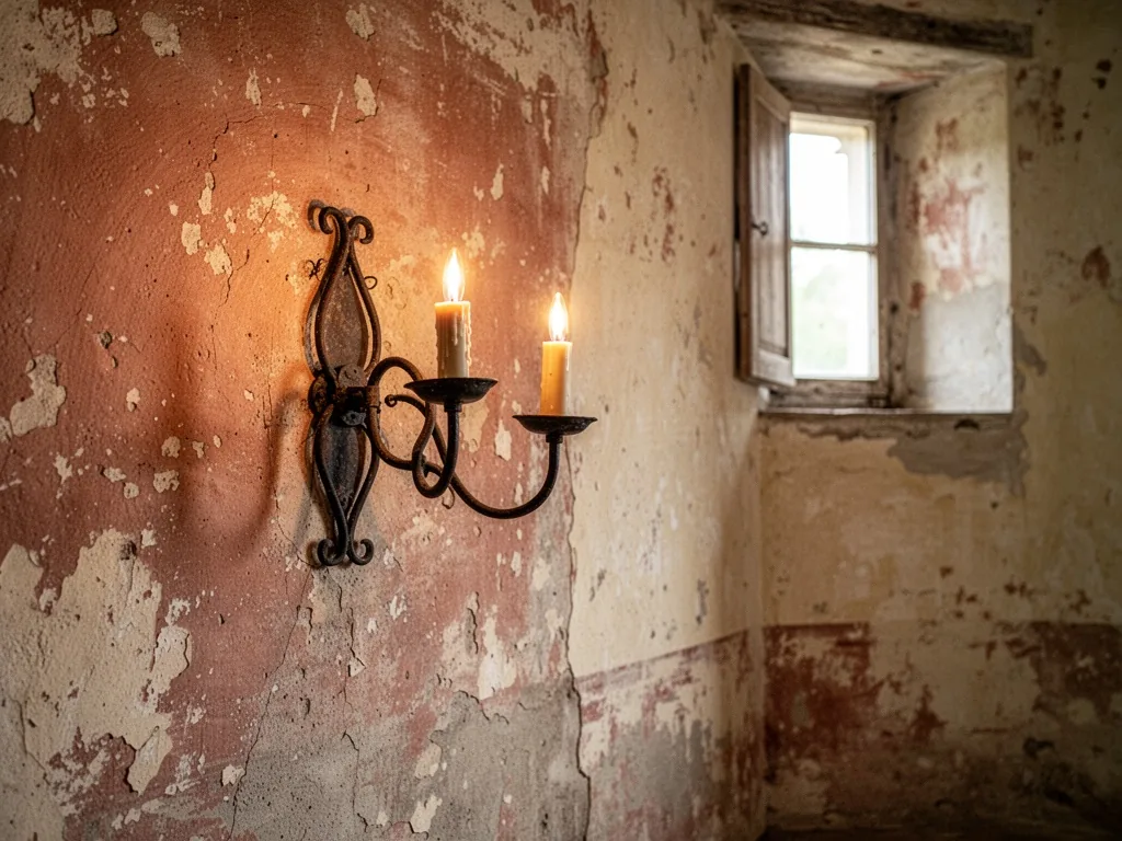 A weathered plaster wall in faded terracotta and cream, a wrought-iron candle sconce casting a warm glow, soft daylight