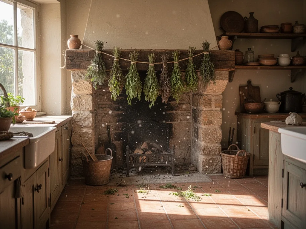 A restored stone fireplace in a rustic kitchen, fresh herbs drying on a rope across the mantel, bright morning sunlight