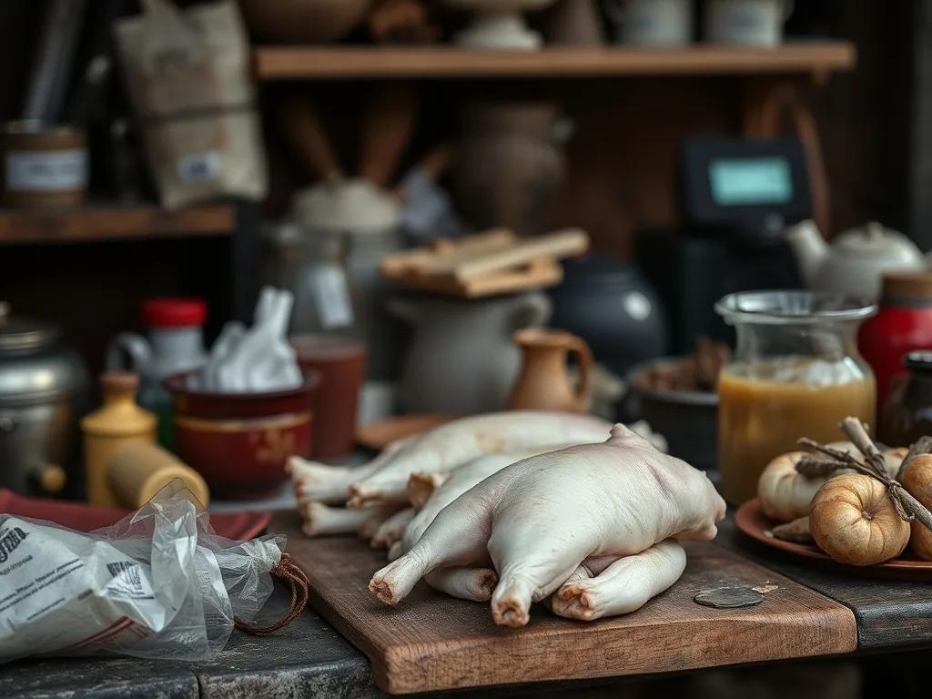 Deux cuisses de pintade dorées dans une sauce onctueuse aux champignons, servies dans une assiette creuse avec des échalotes confites