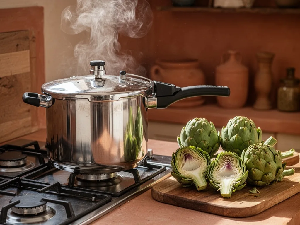 A stainless steel pressure cooker on a stove, steam rising from the valve, whole and halved fresh artichokes on a wooden