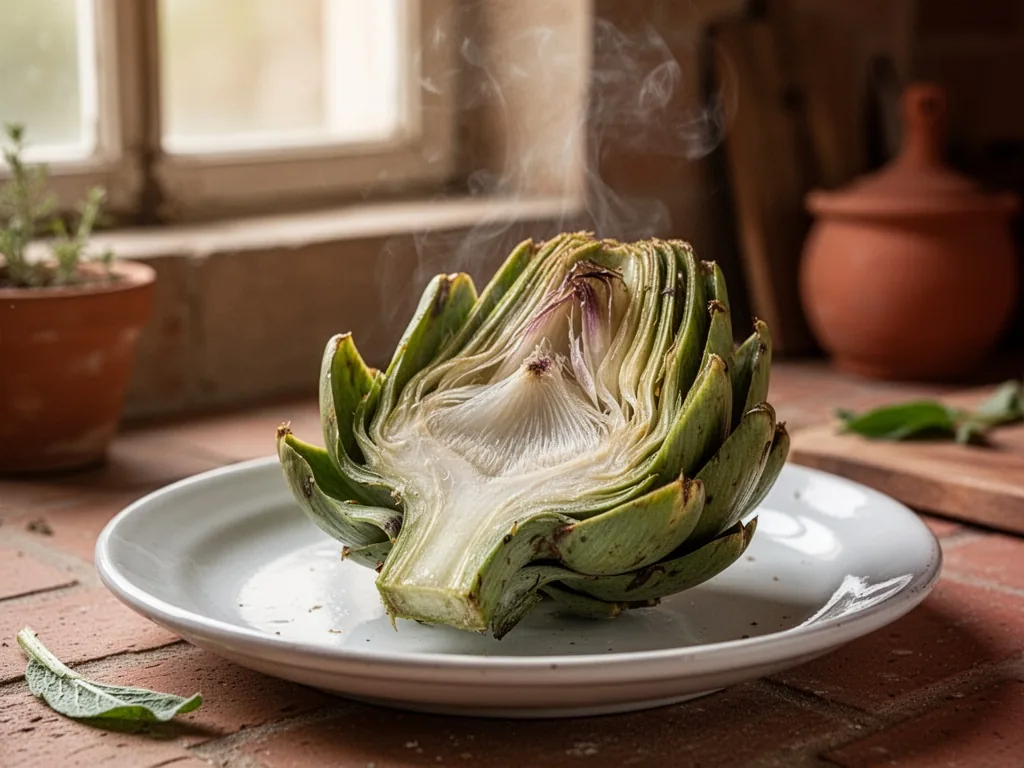 A cooked artichoke with one outer leaf pulled loose, showing a tender pale heart, on a white ceramic plate with steam ge