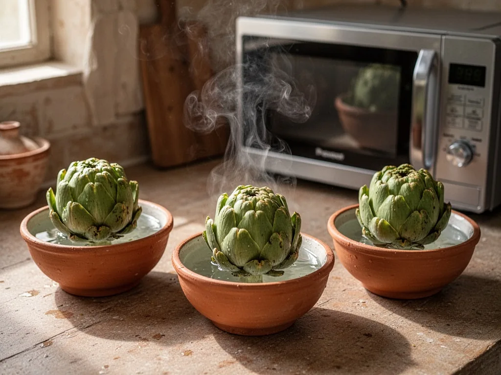 Three small bowls with an artichoke each, one steaming, one in water, one beside a microwave oven in the background, com