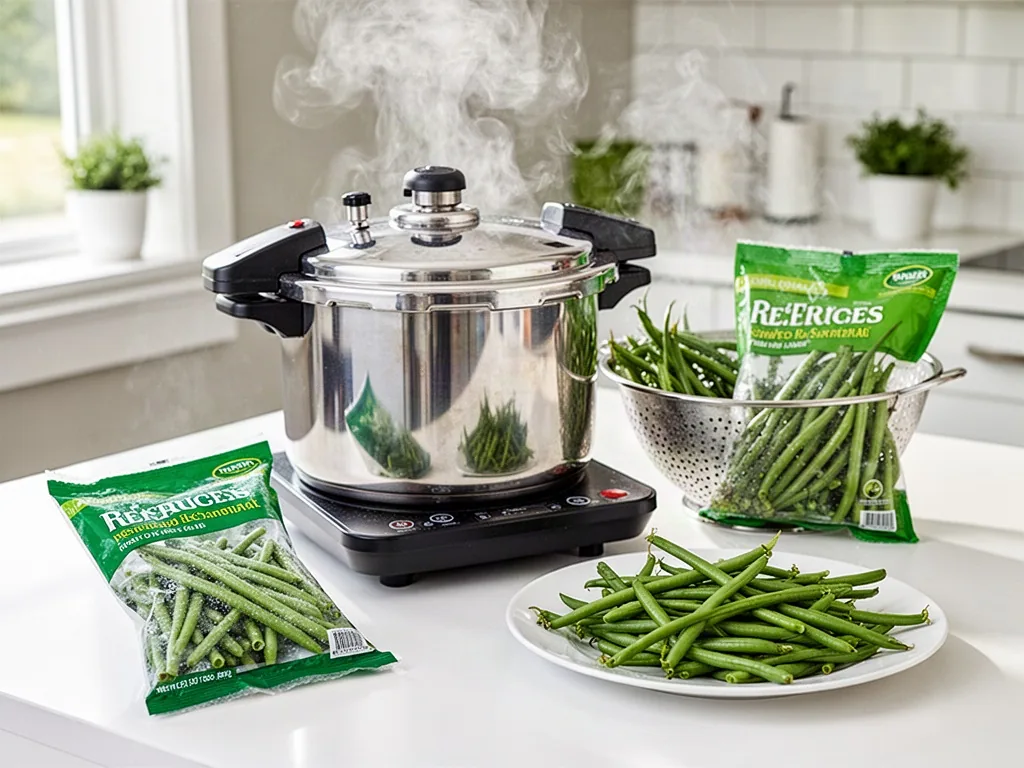 A stovetop pressure cooker with steam rising, fresh green beans in a colander, a packet of frozen beans, and flat green