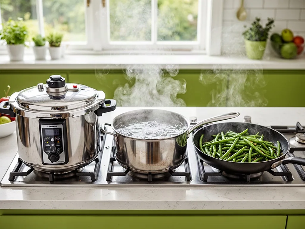 A pressure cooker, a saucepan of boiling water, and a frying pan with green beans arranged side by side on a stove, gent