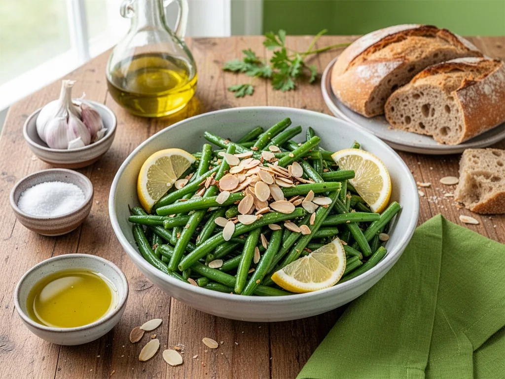 A serving bowl of green beans with toasted almonds and lemon wedges, surrounded by small bowls of garlic, olive oil, and
