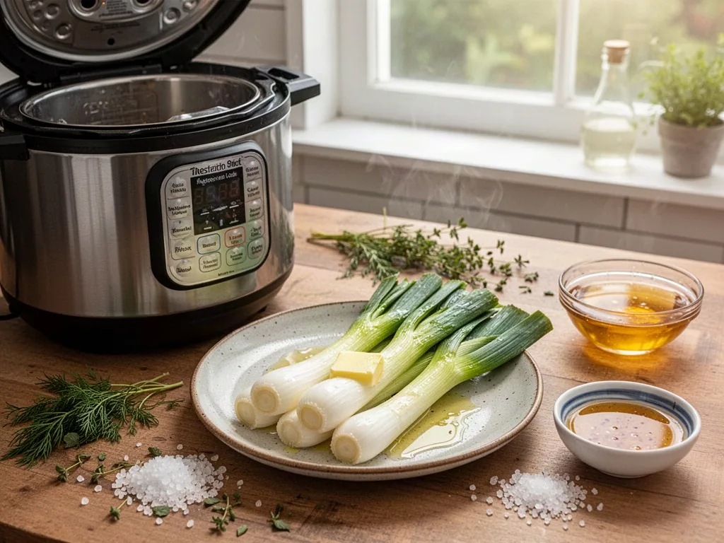 Steamed leeks glistening with butter on a ceramic plate beside an open pressure cooker, scattered herbs, sea salt, and a