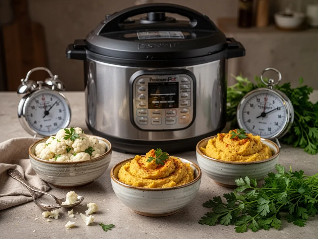 Three small ceramic bowls filled with roasted, pureed and spiced cauliflower recipes arranged around a silver pressure c