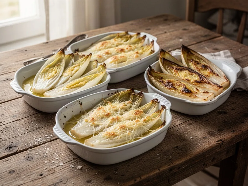 Three white ceramic dishes of cooked endives arranged on a rustic wooden table, one braised in butter, one gratinéed wit