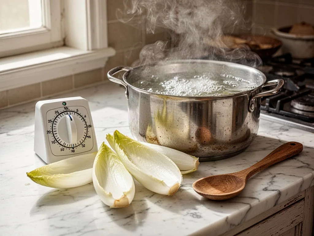 A kitchen timer on a marble counter beside a pot of boiling water, raw endive halves and a wooden spoon nearby, steam ri