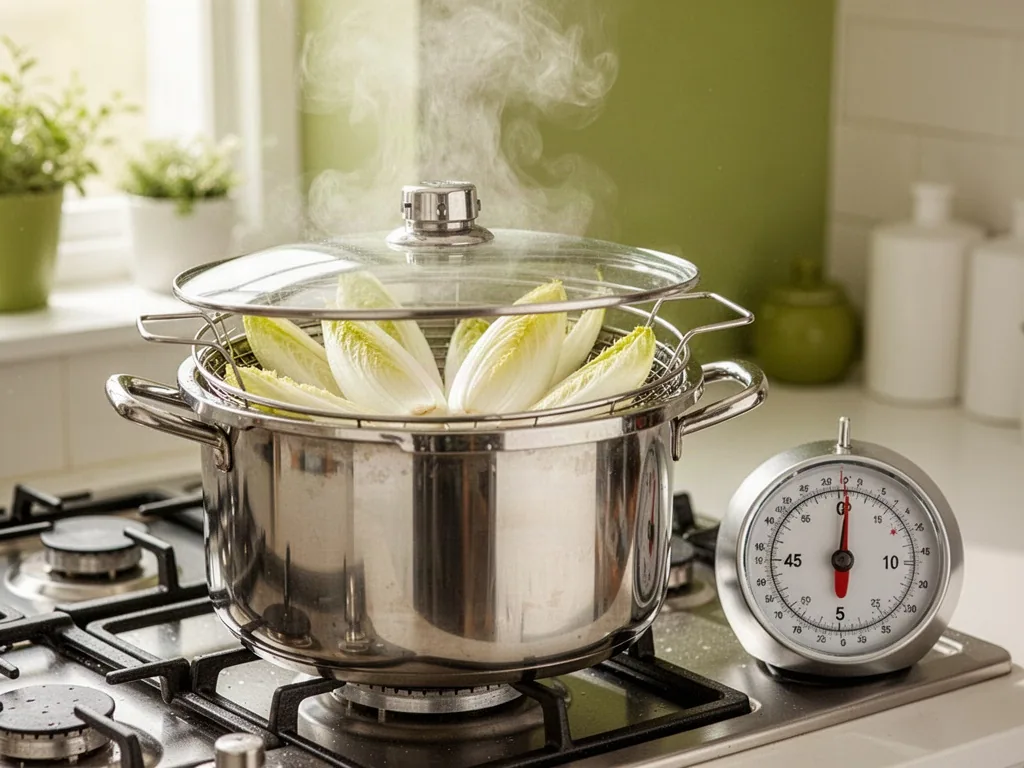 A stainless steel pressure cooker on a stove, gentle steam rising from the valve, halved endives in a steamer basket ins