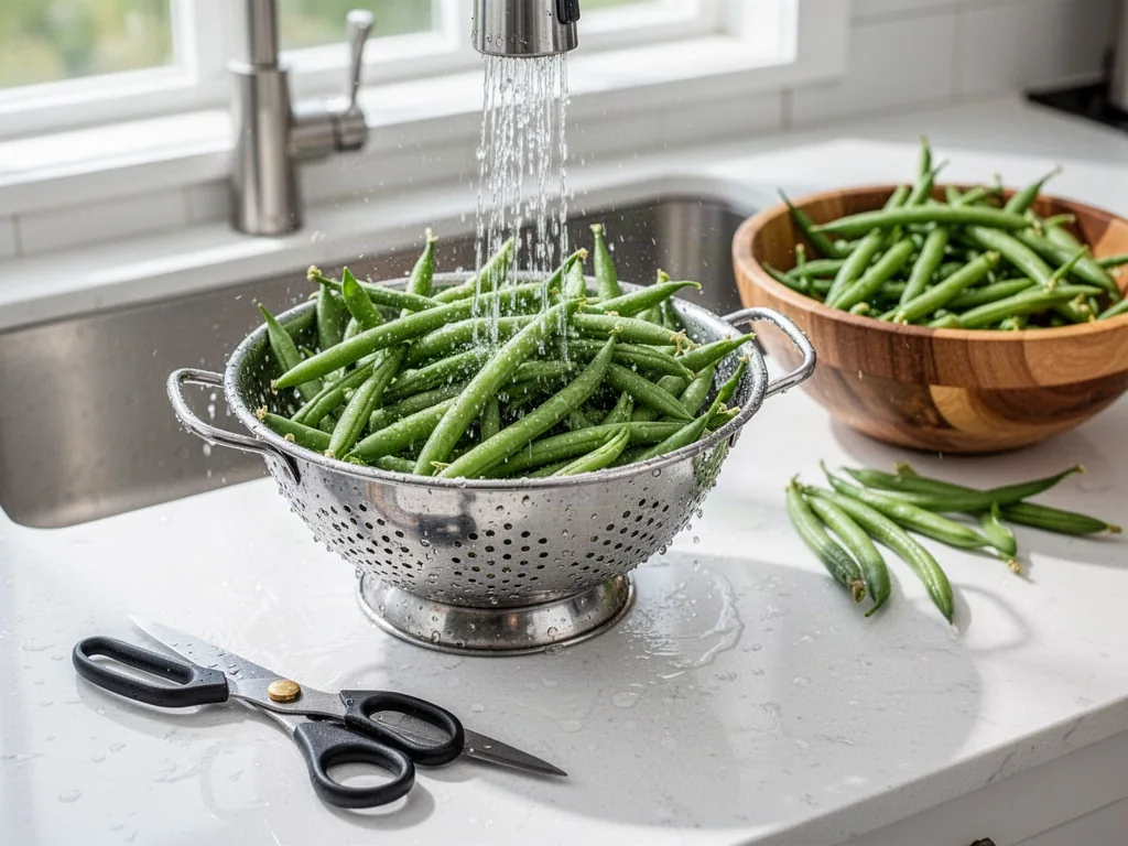 Fresh green beans in a colander under a thin stream of water, with kitchen scissors and a wooden bowl of trimmed beans n