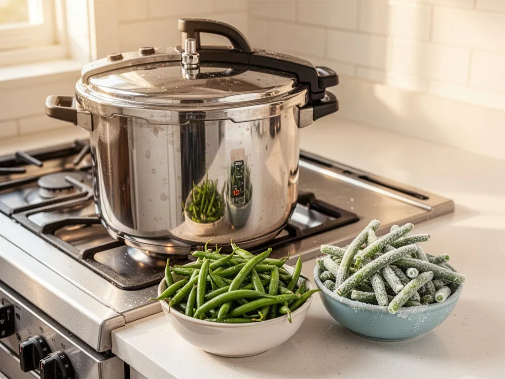 A pressure cooker on a stovetop beside two small bowls, one with fresh green beans and one with frosty frozen beans, tim