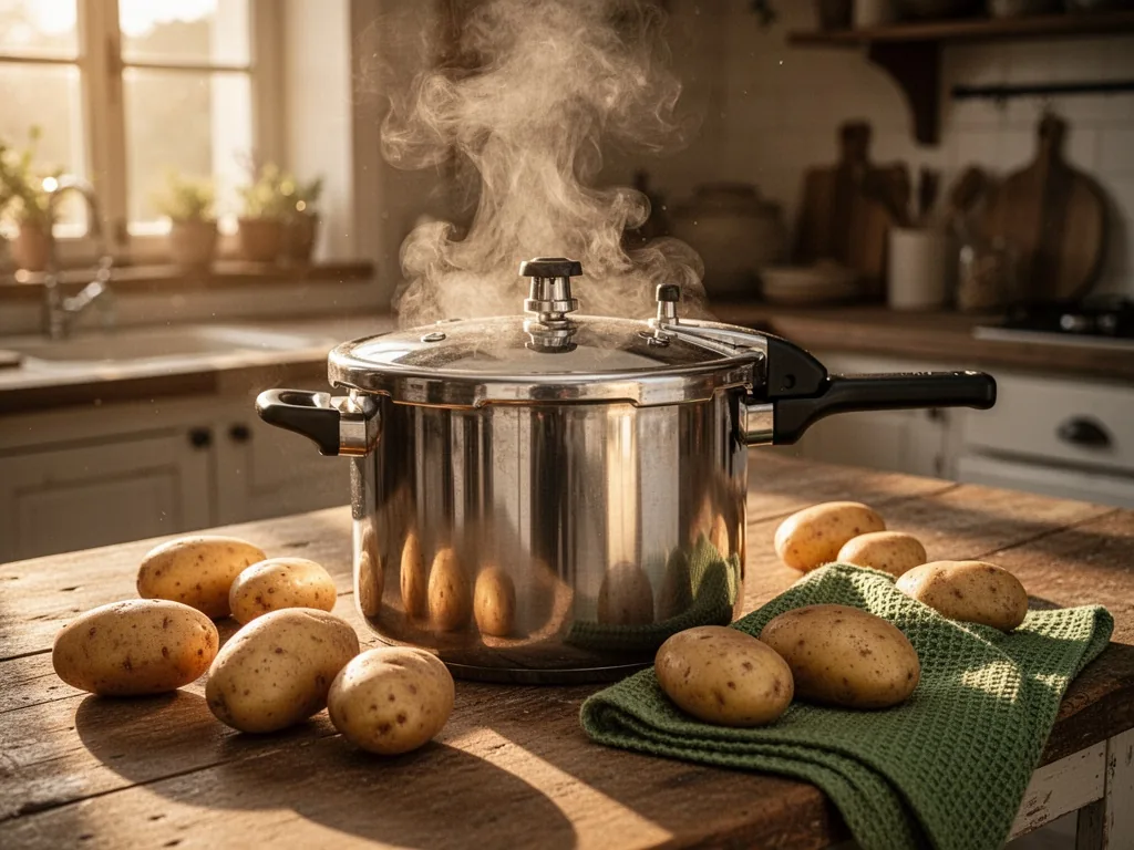 A stainless steel pressure cooker with steam rising from its jiggling valve, surrounded by unpeeled potatoes and a green
