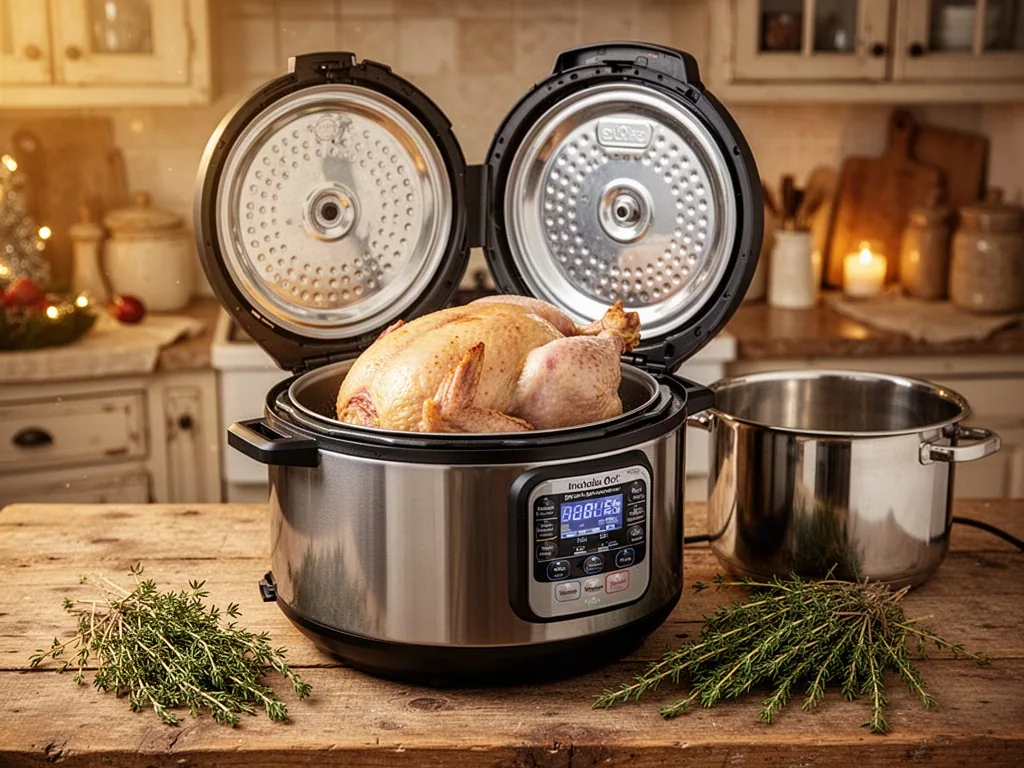 A whole turkey breast roast sitting inside an open electric pressure cooker with a glass lid beside it, fresh thyme spri