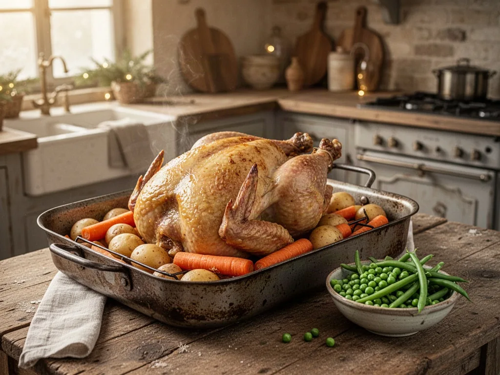 A roasting pan with a golden turkey roast surrounded by carrots and potatoes, a small bowl of fresh peas and green beans