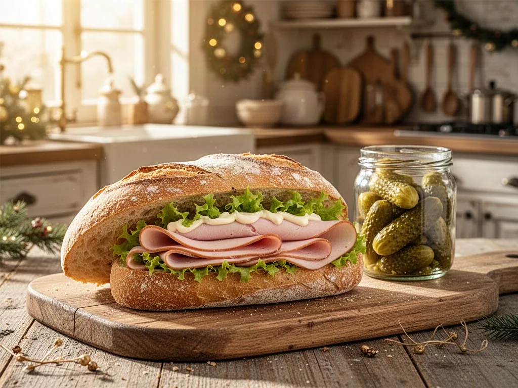 Sliced cold turkey breast layered on a rustic baguette with lettuce and mayonnaise, a jar of pickles on a wooden board,