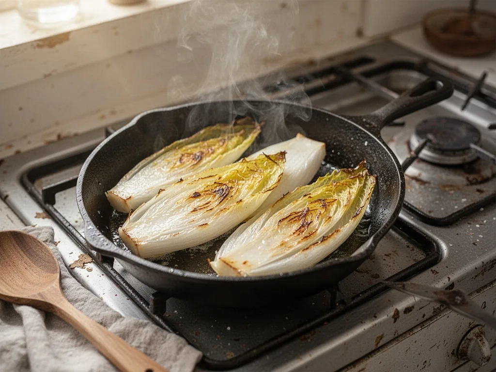 Halved endive heads lying cut-side down in a buttered cast-iron skillet, golden caramelized edges, small steam wisps ris