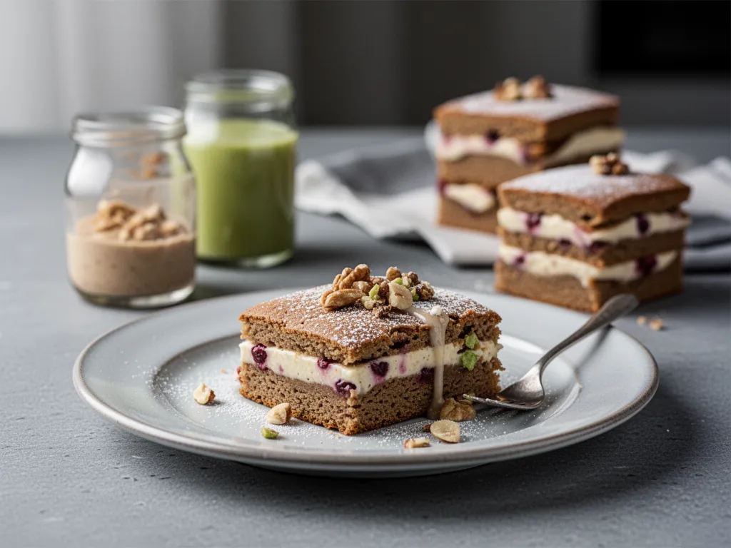 Assiette avec une part de gâteau moelleux aux amandes et poires, une mousse au chocolat onctueuse, et un cookie sain aux pépites de chocolat