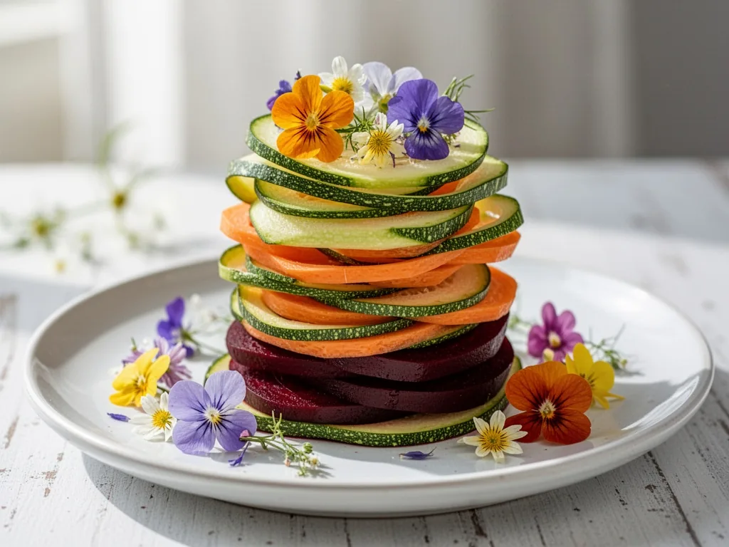 A stacked tower of fresh vegetable ribbons (zucchini, carrot, beet) with edible flowers on a white ceramic plate, crisp