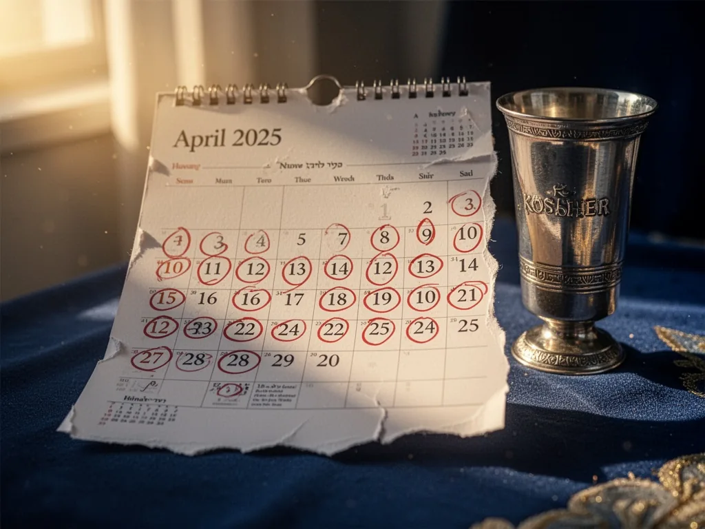 A torn-off wall calendar page for April 2025, dates 12-20 circled in red, a silver kosher cup nearby, soft morning sun