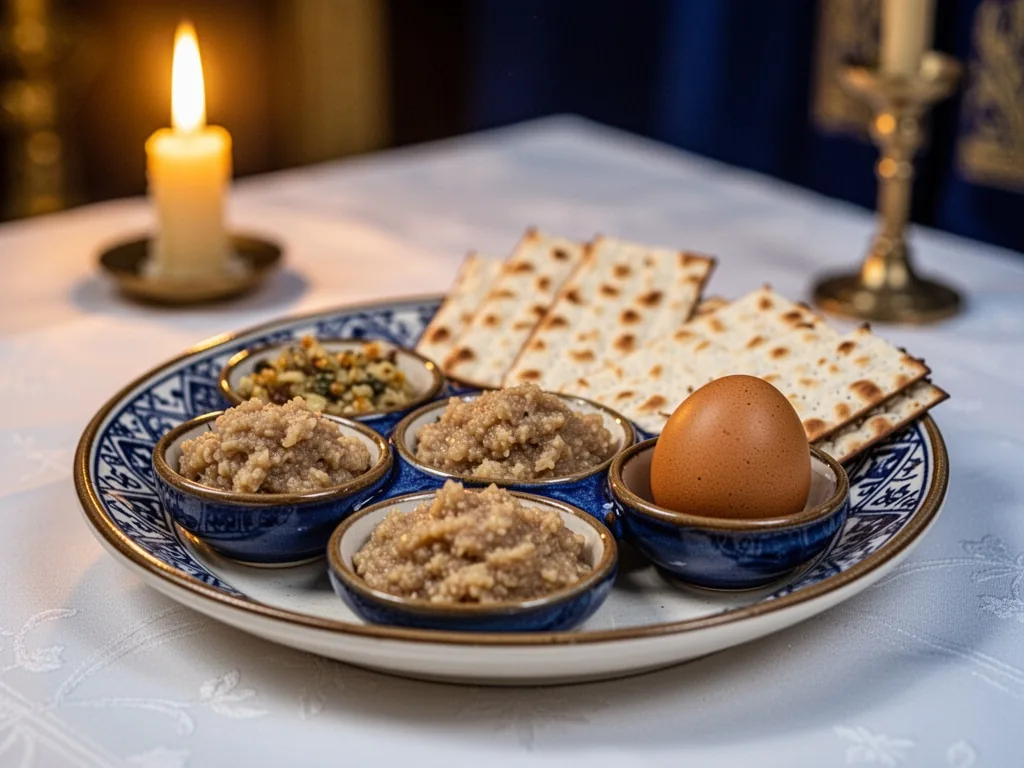 A ceramic Seder plate with matzah, charoset, and a roasted egg on a white tablecloth, one candle glowing in blurred back