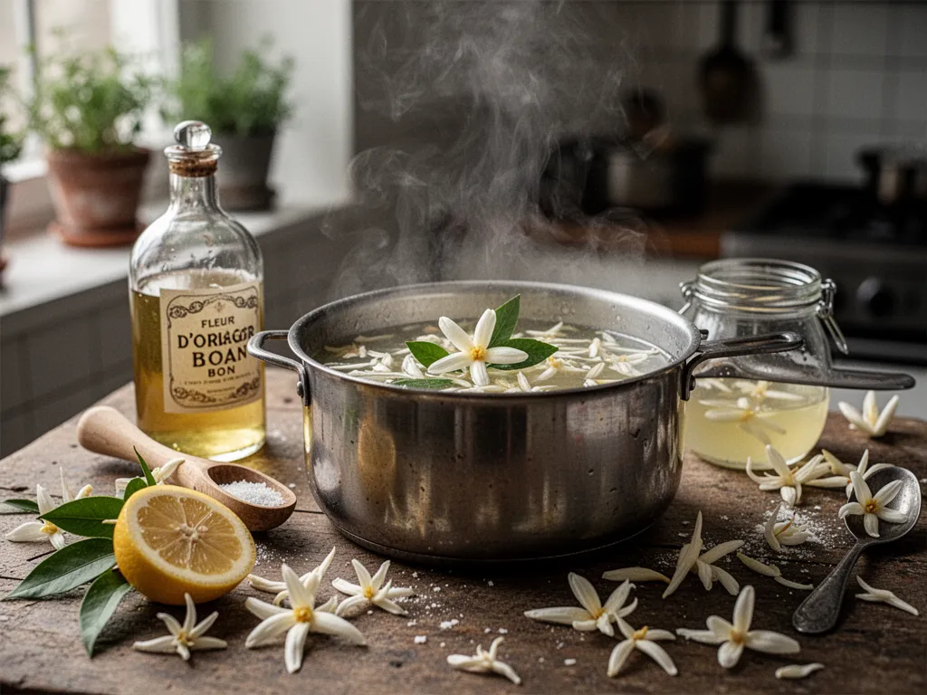 Petite bouteille d’eau de fleur d’oranger posée près d’un gâteau, d’une semoule au lait et de fleurs blanches