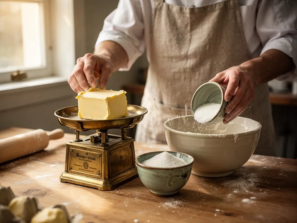 A pastry chef in a linen apron weighs a golden lump of butter on a brass scale, then tilts a small unlabelled ceramic bo